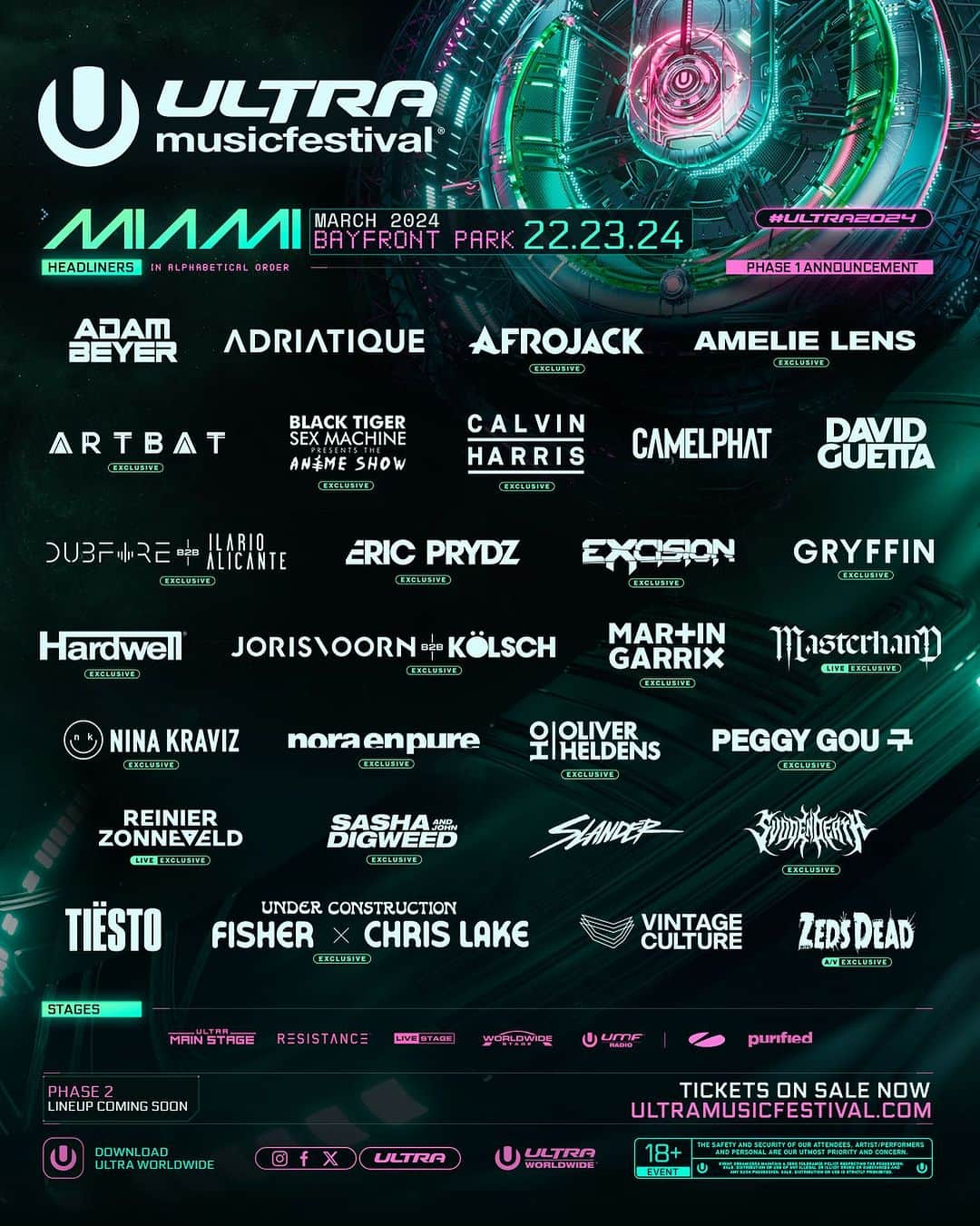 Ultra Music Festivalさんのインスタグラム写真 - (Ultra Music FestivalInstagram)「The #ULTRA2024 Phase 1 has landed and the countdown to March is officially on!   Limited Tier 2 Tickets available and on sale now ➡️ ultra.miami/tickets  @realadambeyer @adriatique @afrojack @amelie_lens @artbatmusic @officialbtsm @calvinharris @camelphatmusic @davidguetta @dubfire B2B @ilario_alicante @ericprydz @excision @gryffin @hardwell @jorisvoorn B2B @kolschofficial @martingarrix @mvsterhvnd (@svddendeath @eptic @space_laces) @ninakraviz @noraenpure @oliverheldens @peggygou_ @reinierzonneveld @djsashaofficial & @djjohndigweed @slanderofficial @svddendeath @tiesto @followthefishtv x @chrislake @underconstructionpresents  @vintageculture  @zedsdead」10月26日 22時02分 - ultra