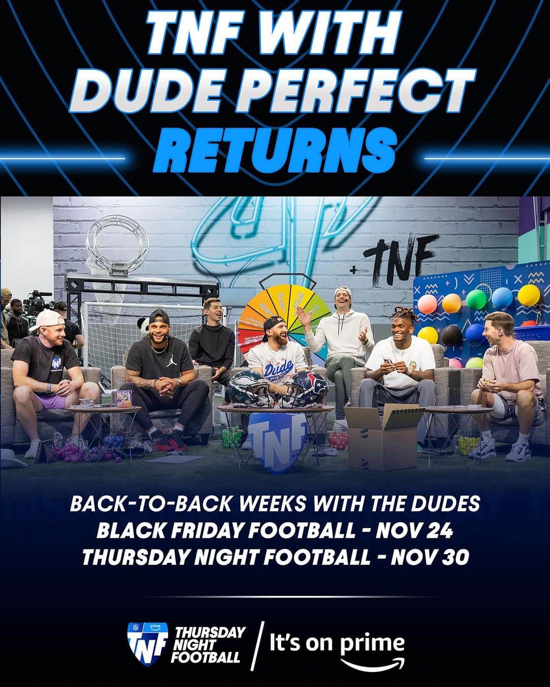 Dude Perfectのインスタグラム：「TNF with @dudeperfect returns to #TNFonPrime this season, with back-to-back alternate streams, including Black Friday Football on Nov. 24!」
