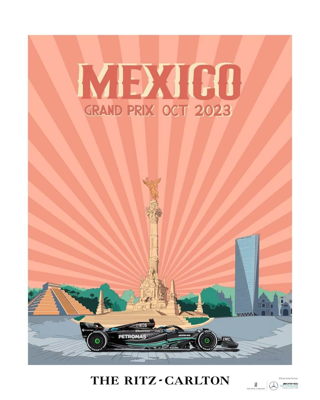 リッツ・カールトンのインスタグラム：「The latest travel poster from @louisnicolasdarbon takes us to Mexico City to celebrate the start of the 2023 Mexico City Grand Prix. From the trackside experience at The Ritz-Carlton Silver Arrows Lounge to soaring above the Paseo de la Reforma at @ritzcarltonmexicocity, we are thrilled to watch the excitement unfold with @mercedesamgf1.」