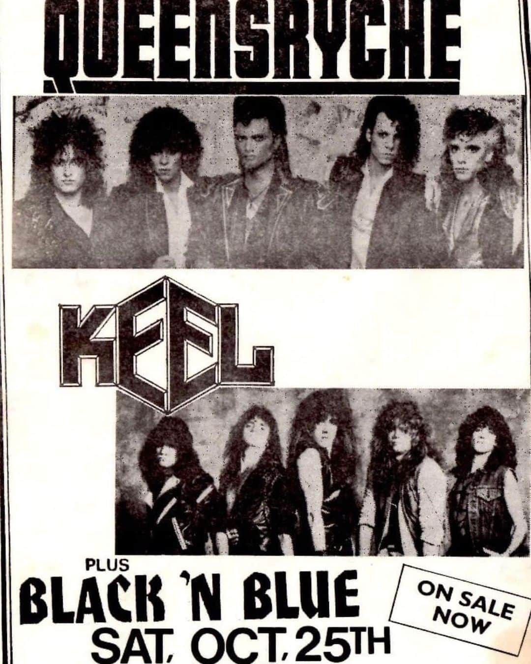 Queensrycheのインスタグラム：「#tbt - poster from October 25th 1986 with Keel and Black 'n Blue at the Citrus Building on the National Orange Showgrounds in San Bernardino, California 🤘 #queensryche #california #throwbackthursday #keel #blacknblue  #circa1986 #memories」