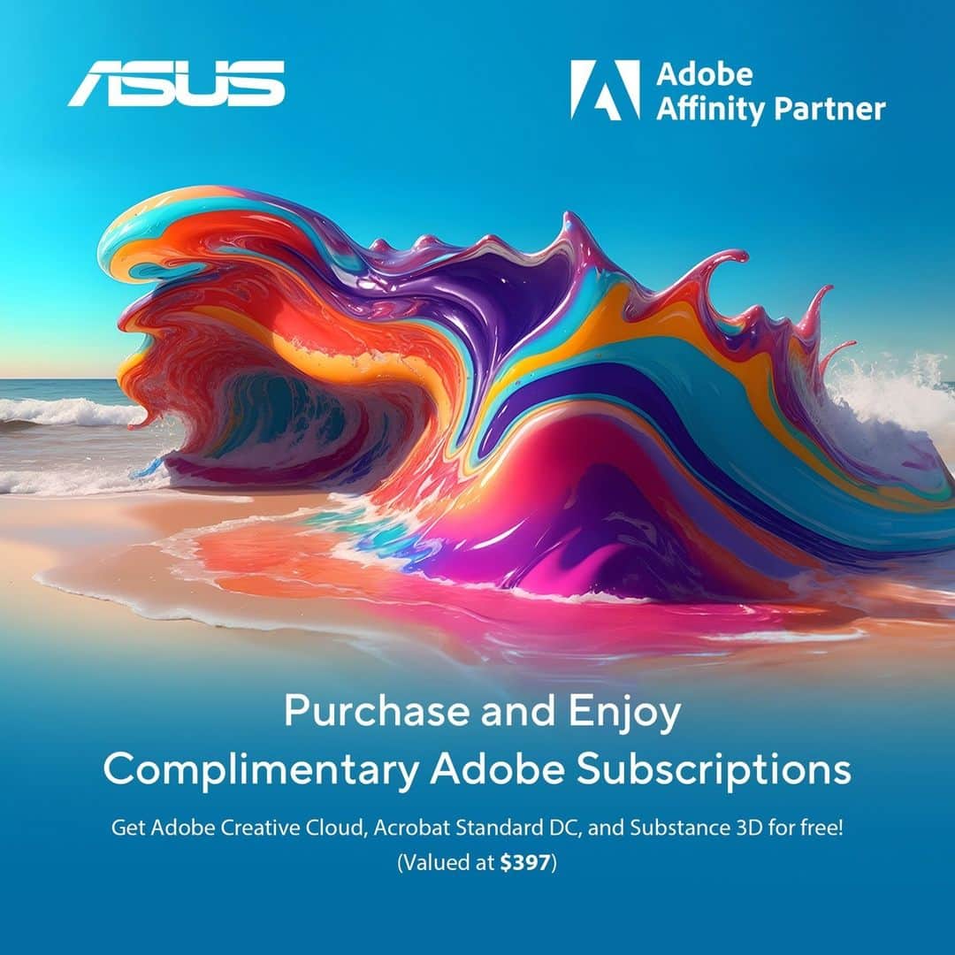 ASUSのインスタグラム：「🎨 Get ready to supercharge your creative game! #ASUS and @Adobe have teamed up to set your imagination free. Enjoy a complimentary subscription to Adobe Creative Cloud, Adobe Acrobat Standard DC, and Adobe Substance 3D by purchasing eligible ASUS products. ⁣ ⁣ 👉 Don't miss out – Click the link in story/bio to learn more details!⁣ #Adobe #Creator #ProArt」