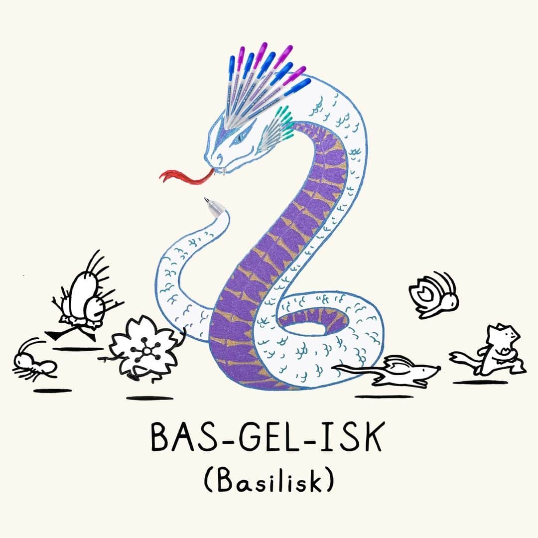 Sakura of America（サクラクレパス）のインスタグラム：「#cboctober23 Day 26: Bas-gel-isk.  Ssssstay away, Ssssakura Friendsss! 🐍 This hall is haunted by a giant, scary Bas-gel-isk, one of the most imposing and formidable sights to behold. It appears that this particular species is a Sakurus Retractablus, easily identifiable by the elaborate Retractable crown it displays on its head!   - CB (Cherry Blossom)」