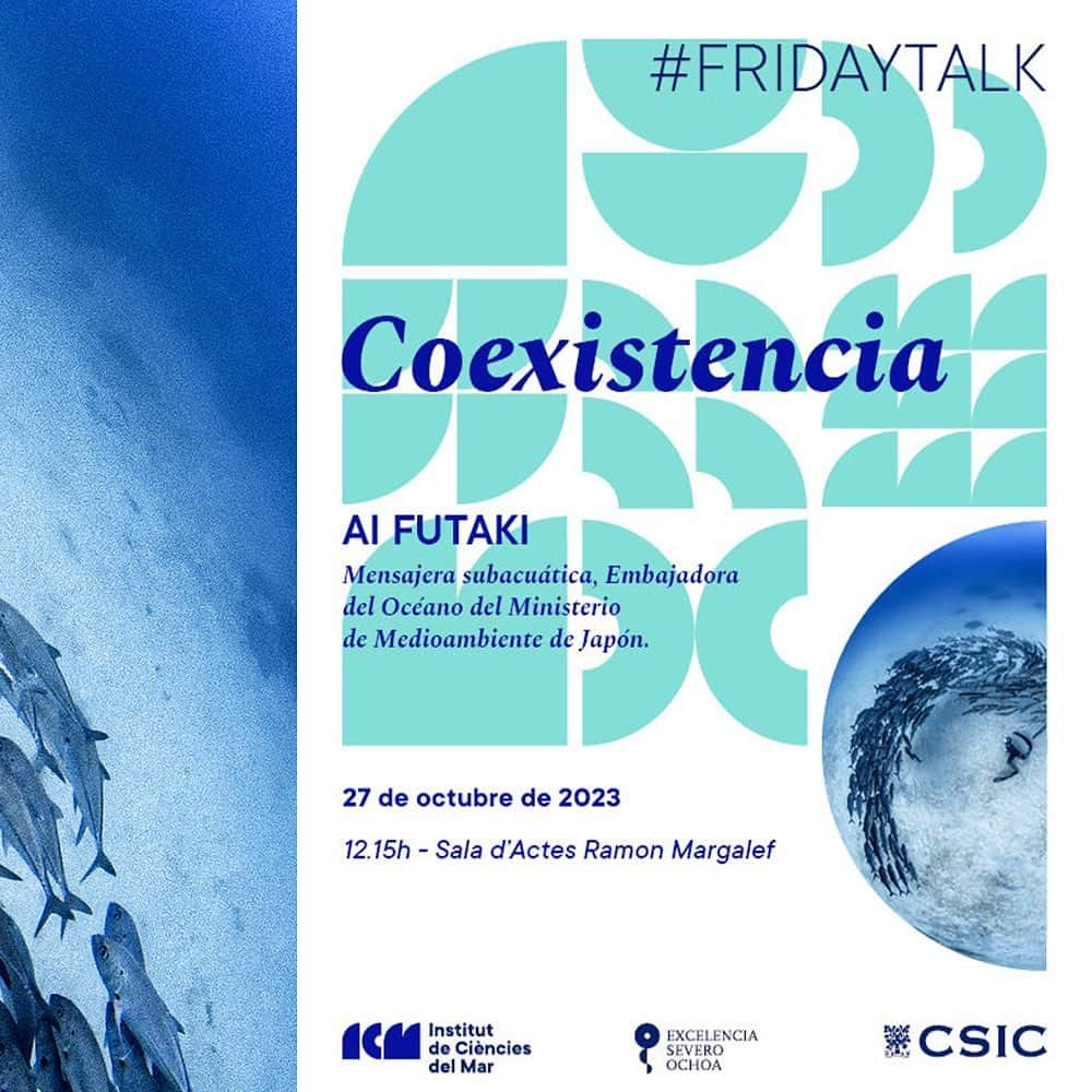 二木あいのインスタグラム：「⁡ FRYDAY TALKS ⁡ Institut de Ciències del Mar, Barcelona @icm.csic   27 Octubre 2023 12:15h, Sala d’Actes   Charla ONLINE : https://www.youtube.com/watch?v=OSZRT6k-r1w • • • #ocean #coexist #respect #message #海 #共に生きる #敬う #メッセージ #mar #coexistencia #mensaje #respecto #環境省 #森里川海プロジェクト #海アンバサダー @morisatokawaumi_ @bewet.wetsuits @breier.swimfins @aqua_lung_japan」