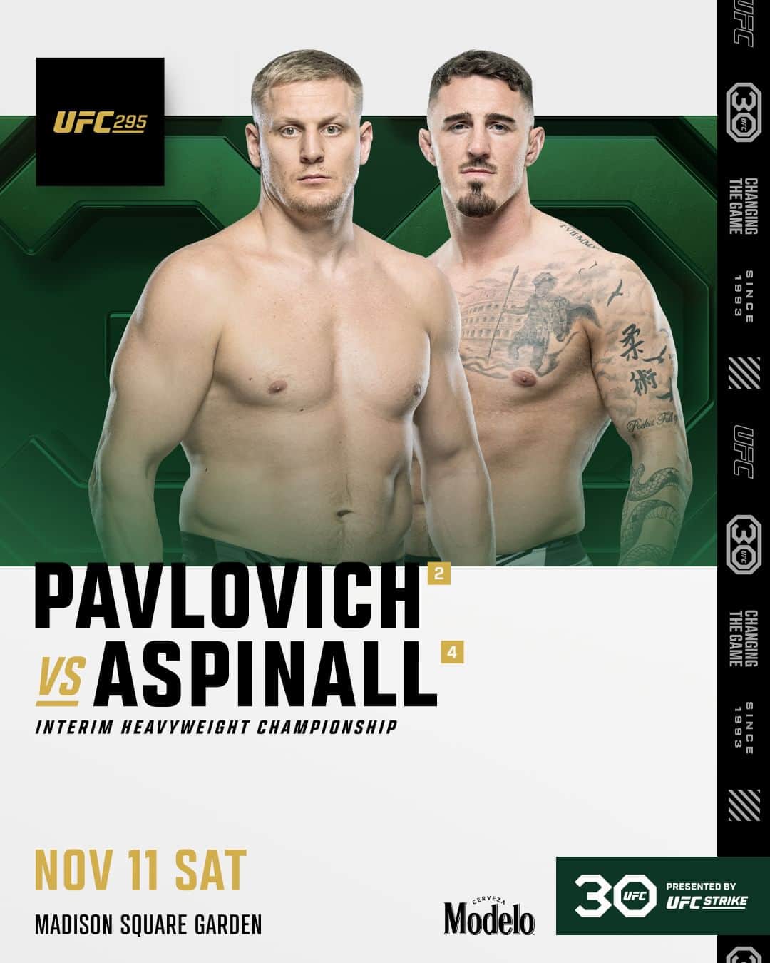 UFCのインスタグラム：「Your new #UFC295 (interim) heavyweight title fight!  @Sergei__Pavlovich vs @TomAspinallOfficial is official for November 11th in NYC! 🗽」