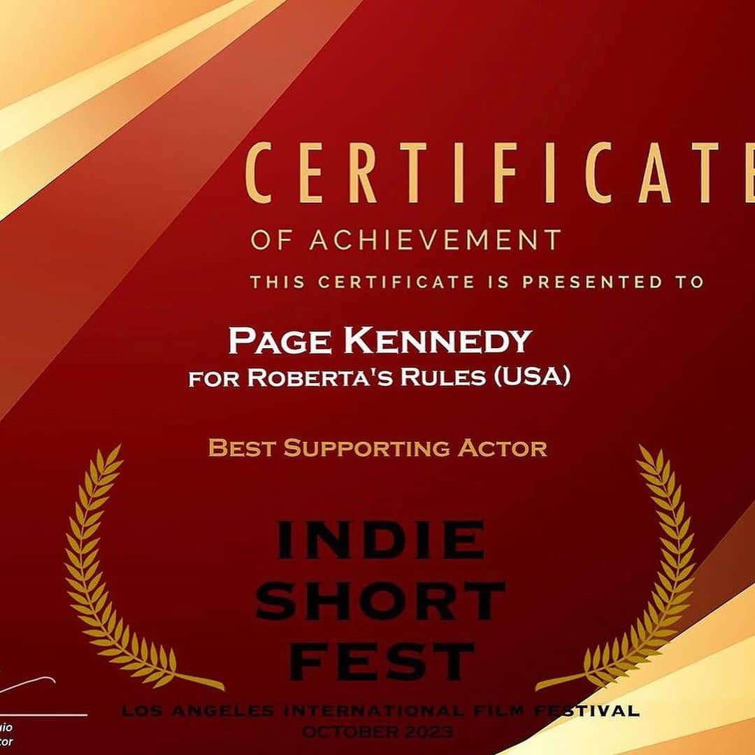 ページ・ケネディのインスタグラム：「I feel grateful and honored to be acknowledged. I have won three best supporting actor awards for @robertas_rules_shortfilm pretty cool. Hopefully you all get to see it one day.」