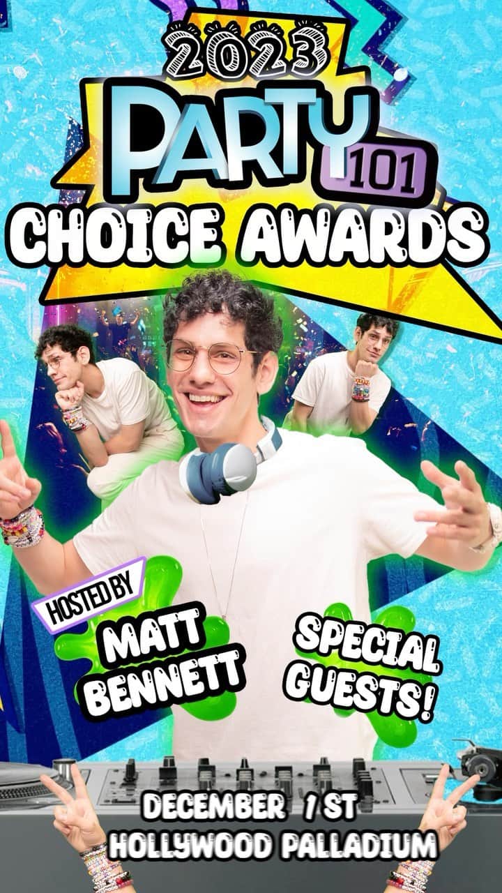 マット・ベネットのインスタグラム：「This year has been insane, and what better way to cap it off than with a DJ show for the ages! December 1st at the Hollywood Palladium we’re having the first ever Party 101 Choice Awards. The only award show where YOU win the awards!  Who’s presenting the awards? All your favorite actors! Will Andre’s Grandma give you an award for looking like Robbie Shapiro? Probably!  Your categories are: 1. Best Costume - Solo 2. Best Costume - Duo 3. Best Costume - Group 4. Robbie Shapiro Look Alike Contest 5. ???????  More coming soon, so stay tuned to @mattbennett and @party101la for updates!」