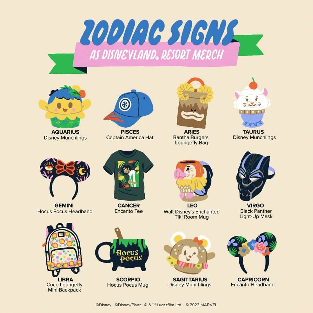 ディズニーランドのインスタグラム：「Check the astrology chart and see what piece of #DisneylandResort merch you’re going to get on your next Park visit. Share in the comments!  Products are available while supplies last.」