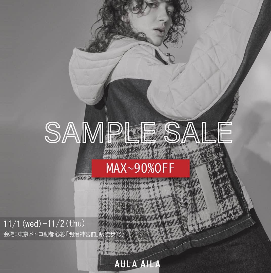 AULA AILAのインスタグラム：「【information】 AULA AILA  SAMPLE SALE 秋冬アイテム30%〜90%0FF！！  下記日程、会場にてサンプルセールを開催いたします。 ご家族、ご友人などお誘い合わせの上、是非ご来場くださいませ。  日程 11/1（水）11：00～20：00 11/2（木）11：00～17：00  会場 渋谷区神宮前6-34-20 原宿リージェンシー 2F  スタッフ一同お客様のご来店を心よりお待ちしております。」