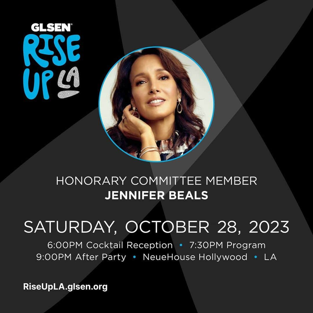 ジェニファー・ビールスのインスタグラム：「I’m thrilled to join @GLSEN as an honorary host committee member for Rise Up LA! GLSEN’s work fighting for LGBTQ+ youth is critical, and I’m proud to support their mission. For ticket and sponsorship information or to make a donation, visit riseupla.glsen.org」