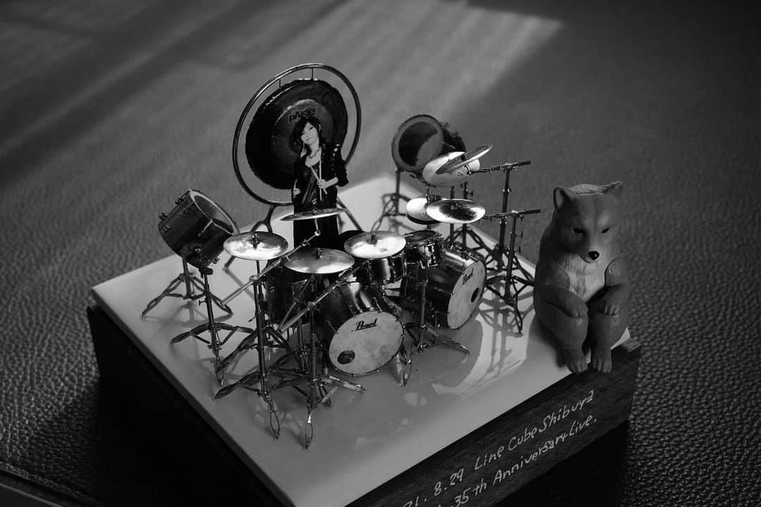 角田美喜のインスタグラム：「お昼の一枚🥁分身と柴ちゃん🐕 #drums  #dog」