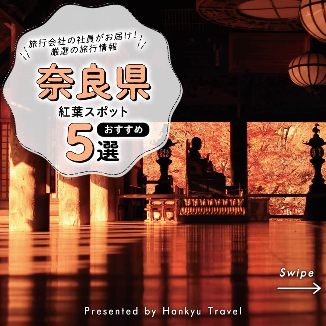阪急交通社のインスタグラム：「【奈良県のおすすめ紅葉スポット5選】  旅行会社社員が厳選の旅行情報をお届け！ 今回は奈良県のおすすめ紅葉スポットのご紹介です！  －－－－－－－－－－－－－－－  【談山神社】 大化改新談合の地と伝わり、 藤原鎌足を祭神とする神社⛩ 朱塗りの社殿や世界で唯一の十三重塔と 紅葉の組み合わせはとても圧巻です。 2023年11月18日(土)〜26日(日)の間は 紅葉の夜間ライトアップも行われます。  🍁紅葉の見頃：例年11月中旬〜12月上旬 📍アクセス：奈良県桜井市多武峰319  【長谷寺】 牡丹の名所として「花の御寺」として有名な長谷寺は 秋になると境内にある木々が紅葉をはじめ、 最盛期には山全体が赤く染まります。 約200ｍの屋根のある回廊、登廊を登る道中の 景色は絶景です✨  🍁紅葉の見頃：例年11月上旬〜12月中旬 📍アクセス：奈良県桜井市初瀬731-1 📷長谷寺のInstagram：@hase_dera  【奈良公園】 世界遺産・東大寺などを擁する歴史公園。 歴史ある古社寺と四季折々の自然、 群れ歩く鹿の景色はとても趣があります🦌 紅葉シーズンは桜やイチョウの木々が秋色に染まり、 園内も広いので各スポットで紅葉の様子も異なります。  🍁紅葉の見頃：例年10月下旬〜12月上旬 📍アクセス：奈良県奈良市春日野町他  【吉野山】 日本100名選にも入る桜の名所は 紅葉シーズンもおすすめ⛰ 春には3万本ある桜の木が満開になりますが、 秋にはその葉が赤く染まります。 標高差があるため、山頂から麓へと徐々に色づいていき 紅葉のグラデーションが楽しめます！  🍁紅葉の見頃：例年10月中旬〜11月下旬 📍アクセス：奈良県吉野郡吉野町  【天理市のイチョウ並木】 天理市内には数多くのイチョウの木があり 奈良県でも有数のイチョウの名所。 中でも天理市役所北側を東西に走る 「親里大路」のイチョウ並木は 秋になると黄金色に染まります✨ 2023年11月11日(土)と12日(日)は 歩行者天国となる時間帯がある予定です。  🍁紅葉の見頃：例年10月下旬〜11月下旬 📍アクセス：奈良県天理市三島町  －－－－－－－－－－－－－－－  奈良旅行の参考になりましたか？ 投稿が良いなと思ったら、いいね＆保存＆フォローをよろしくお願いします♪  ※内容は投稿日時時点の情報です。状況により変更となる可能性がございます。 ※過去に掲載した情報は、期限切れの場合がございます。  #奈良 #奈良県 #奈良旅行 #奈良観光 #紅葉 #談山神社 #長谷寺 #奈良長谷寺 #奈良公園 #鹿 #吉野 #吉野山 #天理のイチョウ並木 #イチョウ並木 #もみじ #秋 #紅葉狩り #紅葉 #🍁 #🦌 #紅葉ライトアップ #ライトアップ #神社 #国内旅行 #絶景 #旅行 #観光 #narapark #nara #japan」
