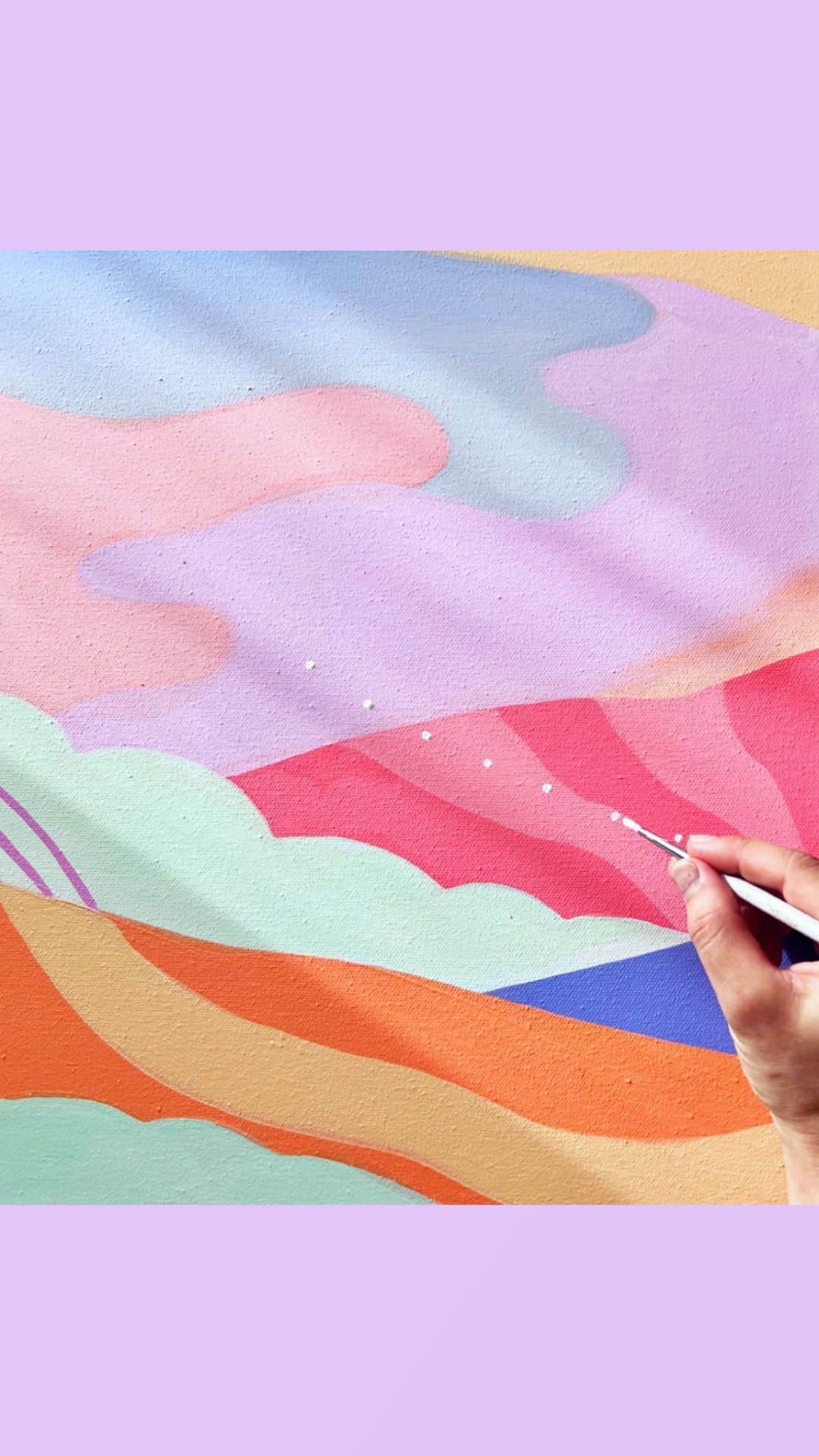 フランセス・スィーヒのインスタグラム：「Early fall, crescent moon. The sky was coral red and lavender blue 🌙🍂  #magichour #sunset #goldenhour #methodpainting #wip #paintingoncanvas #painting #triptych #acrylicpainting #acrylicpaint #frankiecihi #mountainscape #dreamscape #mindscape #skyscape #skyscapes #inspiredbynature #crazycat #lifewithcats」