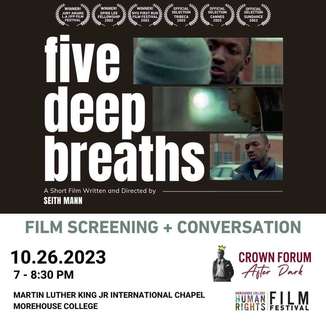 ジェイミー・ヘクターのインスタグラム：「This Thursday, 10/26 at 7 p.m. #CrownForumAfterDark × @morehousefilmfest will be hosting a 20th Anniversary screening of the award-winning film five deep breaths by Seith Mann '95. Immediately following the screening will be a conversation with the film's Writer/Director and Cast. - ��Seith Mann, writer/director @gatelife  - ��Jamie Hector @jamiehector  - ��Anslem Richardson @anslemasylum  - ��Gregory Scott Williams, Jr. @gswni  Date: Thursday, October 26 Time: 7 - 8:30 PM, doors at 6:30 PM Location: Martin Luther King Jr International Chapel   #MorehouseHomecomingWeekend #MorehouseHomecoming #MorehouseHomecoming2023 #spelhouse #spelhouse2023 #filmscreening #film #freeevent #Atlanta #Sundance #Tribecca #Cannes #SpikeLee #jamiehector」