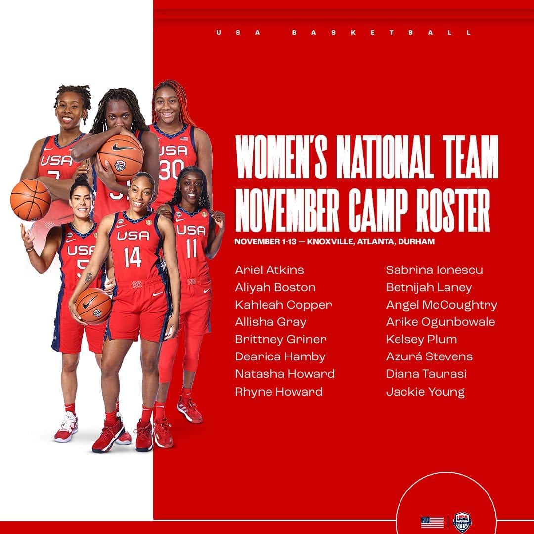 USA Basketballのインスタグラム：「The November 2023 🇺🇸 #USABWNT roster is here!   16 athletes, including 7 Olympians, will take part in training camp in Atlanta, Nov. 7-9.」