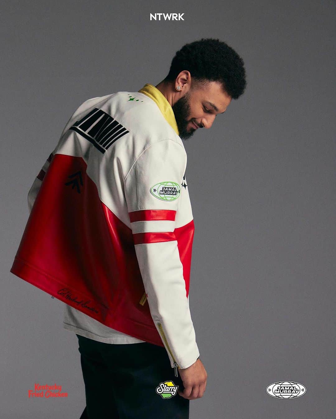 ケンタッキーフライドチキンのインスタグラム：「Just like how the champ Jamal Murray comes in clutch on the court, @KFC nuggets paired with a @starrylemonlime will come in clutch when you’re in need of a snack… and this extremely limited edition custom autographed KFC x STARRY x Jamal Murray leather jacket and pin set is bound to do the same for this season’s ‘fit rotation.  Tune into the live @NTWRK episode today in the app 8 pm ET/ 5 pm PST to shoot your shot! 🍗✨🏀 Link in bio」