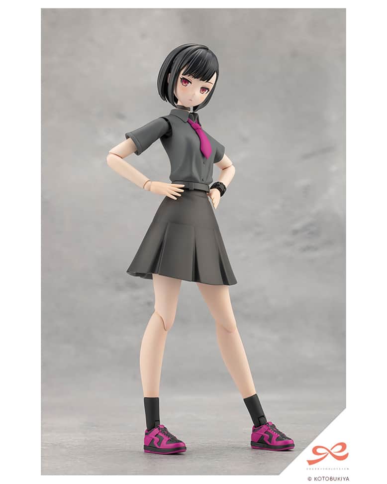 株式会社 壽屋 コトブキヤのインスタグラム：「What if Koyomi Takanashi was a musician instead of a bookworm?   This question created YOMI, a member of a popular girl band called BLACK CANVAS, now brought to life as a plastic model kit.  Product Highlights!  [Casual Outfit] While the model uses Koyomi Takanashi【RYOBU HIGH SCHOOL SUMMER CLOTHES】as its base, the necktie and box pleat skirt have been newly designed to transform her uniform into this casual outfit.  Her neck has been resculpted for her to wear a choker, and also features the neck joint that was introduced in her swimsuit version that slides back and forth. Her coolheadedness is illustrated using black as the main color and combining it with purple. Her usual loafers have been swapped out for sneakers for a more active feel.  [Wristwatch] The forearms have also been newly sculpted with a wristwatch. The wristwatch and forearm have separate colors. The exclusive "forearms" and "wrist watches" come in both left and right and can be used on either side.  [Left Shoulder Raised Body] The kit also includes a specially sculpted body piece with the left shoulder raised. This special body can be used in a wide range of situations, including poses where the figure is reaching for something up high. The tie around her neck has been sculpted to look as if it's blowing in the wind.  [New Sneaker Parts] The sneakers are the same as those in the Madoka Yuki【TOUOU HIGH SCHOOL SUMMER CLOTHES Black Canvas】with new purple and black coloring. As with all the kits in this series, the figure is pre-painted, so assembly is all that is needed to build a figure that is faithful to the character design.  [Face Parts] The eye prints have been all newly designed by En Morikura and feature a slightly sharper, cooler look than the original Koyomi.  The four face parts include "Looking Prim," "Displeased," "Scheming" and "Cheeky." The eyes are red for a cool, passionate look.  [Skin Color] This version features slightly paler skin than the standard Koyomi models. The color is the same as Megami Device Skin Color C, so users can enjoy mixing and matching parts.  © KOTOBUKIYA  Available May 2024.」