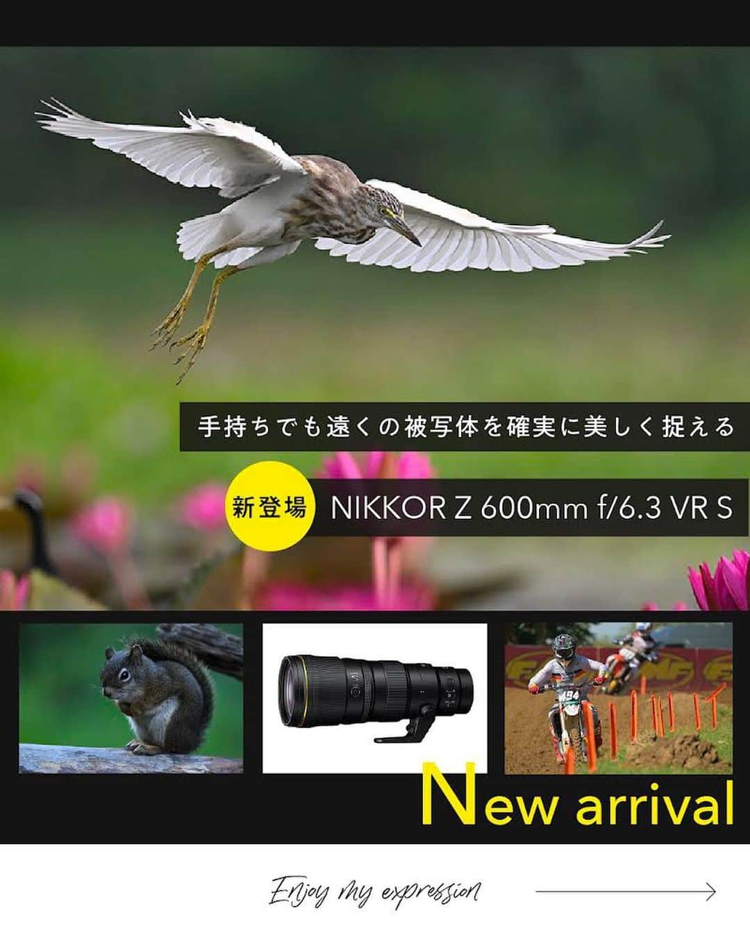 ニコンイメージングジャパン公式のインスタグラム：「本日から発売【NIKKOR Z 600mm f/6.3 VR S】   手持ちでも遠くの被写体を確実に美しく捉える、小型・軽量600mm単焦点レンズ「NIKKOR Z 600mm f/6.3 VR S」が新登場。   S-Lineならではの高い光学性能、Z マウントシステムの高いAF精度、優れた手ブレ補正効果などにより、手持ちで遠くの被写体を確実に美しく撮影できます。   これまでにないコンパクトなボディーのため、軽快な取り回しで、長時間におよぶ撮影も快適に。 野生動物、飛行機、モータースポーツなどの撮影に最適な1本です。   皆さまがこのレンズで撮ってみたいものを、ぜひコメント欄で教えてください！   ＜製品名＞ NIKKOR Z 600mm f/6.3 VR S   ＜製品情報＞ https://www.nikon-image.com/products/nikkor/zmount/nikkor_z_600mm_f63_vr_s/   #Nikon #ニコン #カメラ #camera #nikoncreators #新発売 #newrelease #新登場 #新入り #新製品 #新レンズ #単焦点レンズ #単焦点レンズの世界 #cameralens #カメラレンズ #野鳥撮影 #野生動物 #動物写真 #飛行機写真 #モータースポーツ写真」