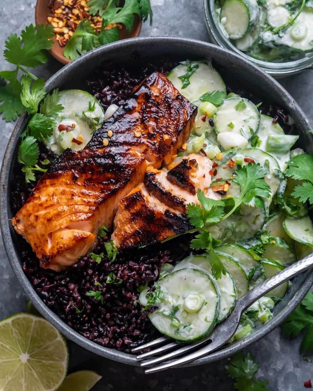 Food52のインスタグラム：「On the menu this week: Miso Blackened Salmon with Creamy Coconut Cucumber Salad from @wandering_chickpea! Grab the recipe at the link in bio. #f52community #f52grams」