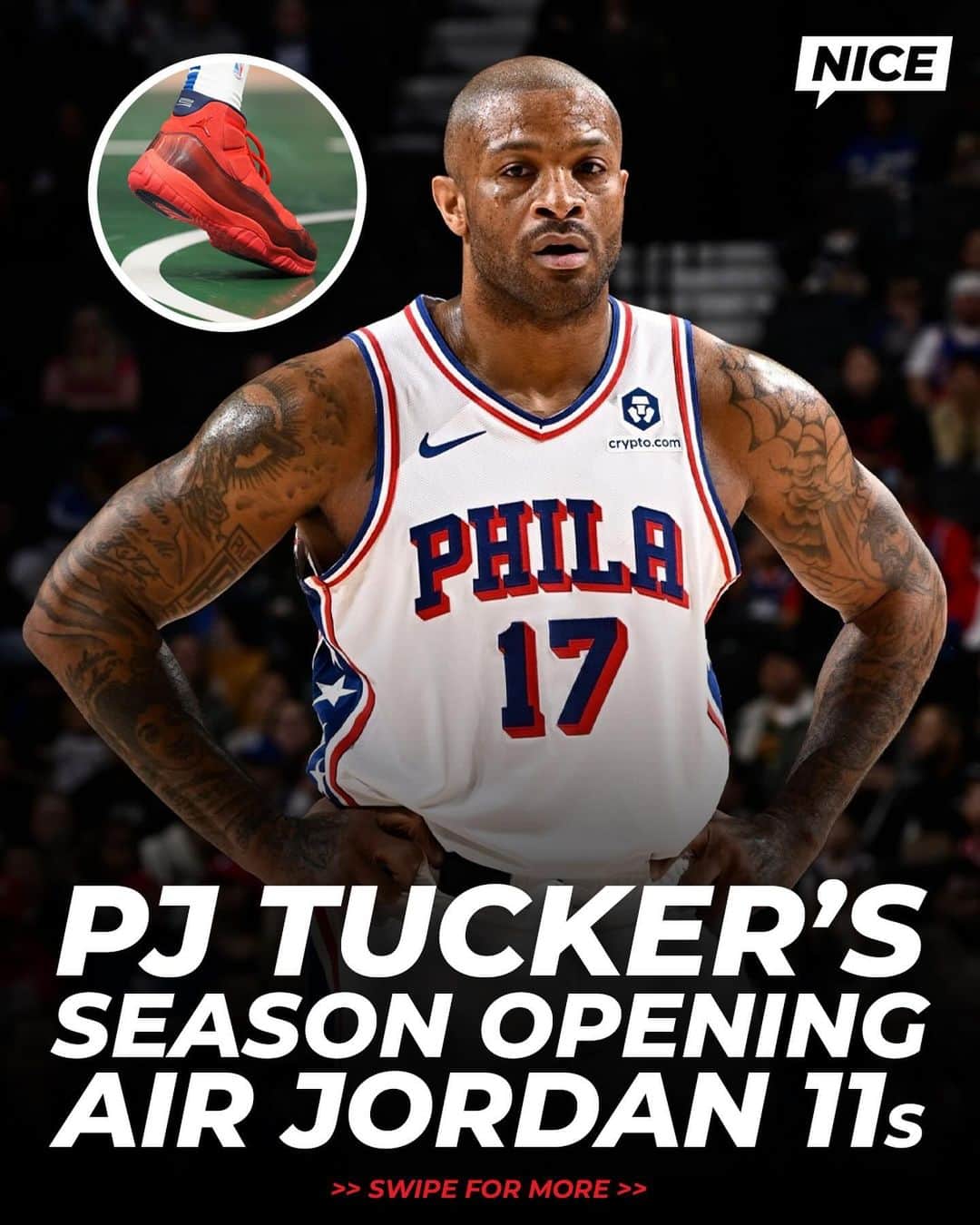 Nice Kicksのインスタグラム：「PJ Tucker brought out a rare Air Jordan 11 PE that was only given to specific MLB athletes 😳🔥  PJ Tucker is wearing former Red Sox pitcher David Price’s pair with the 24 on the heel. Swipe to see Mookie Betts show the pair in detail 👀」