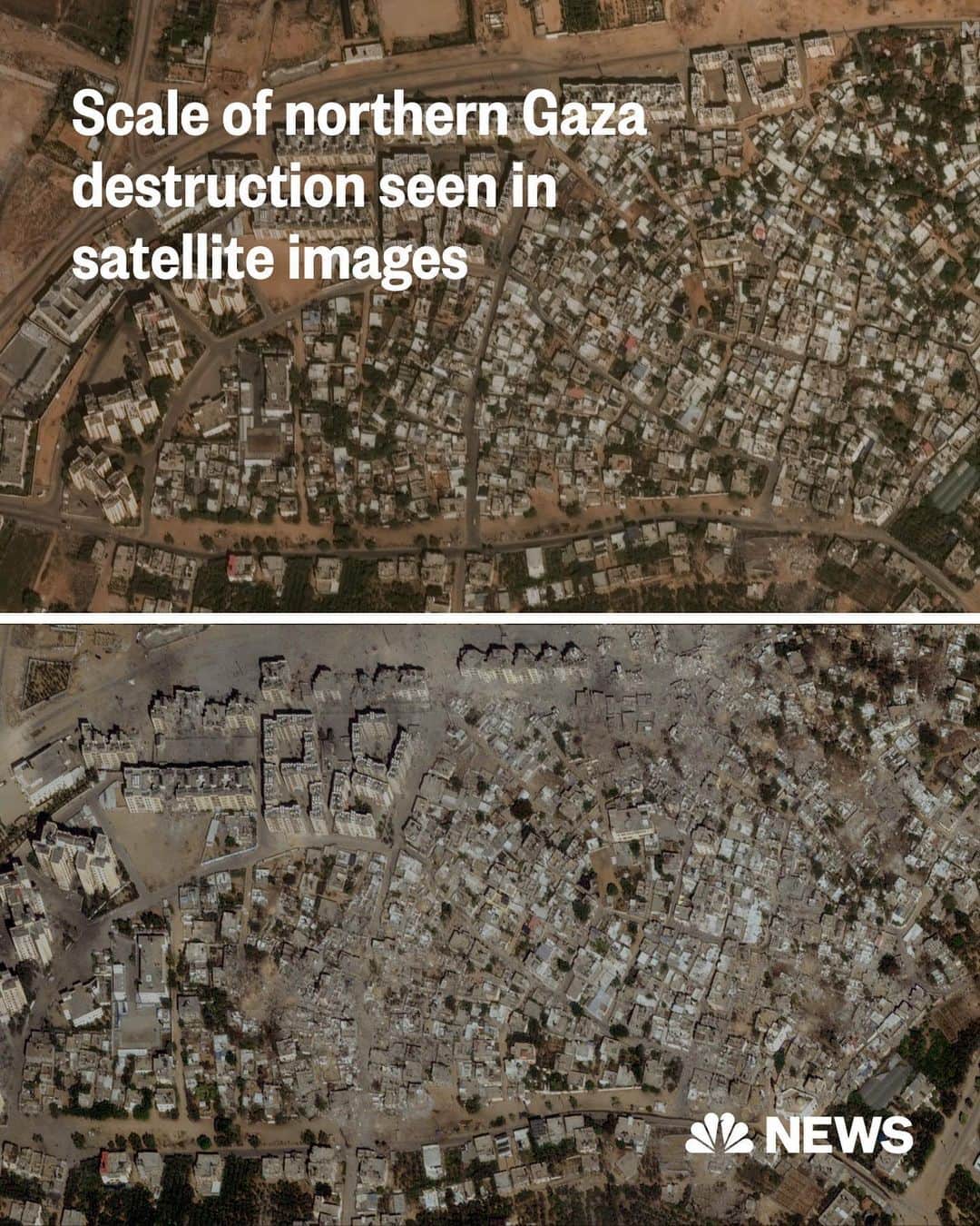 NBC Newsのインスタグラム：「The destruction of areas of northern Gaza is visible from space in satellite images taken before and after Israeli airstrikes, which followed the raids carried out by Hamas militants on Oct. 7.  In images shot Saturday by Maxar Technologies, four- and five-story buildings in the Izbat Beit Hanoun neighborhood are in various states of collapse. Huge chunks are missing from some, others are broken in half and two large complexes lie in piles of rubble.  Read more at the link in the bio.」