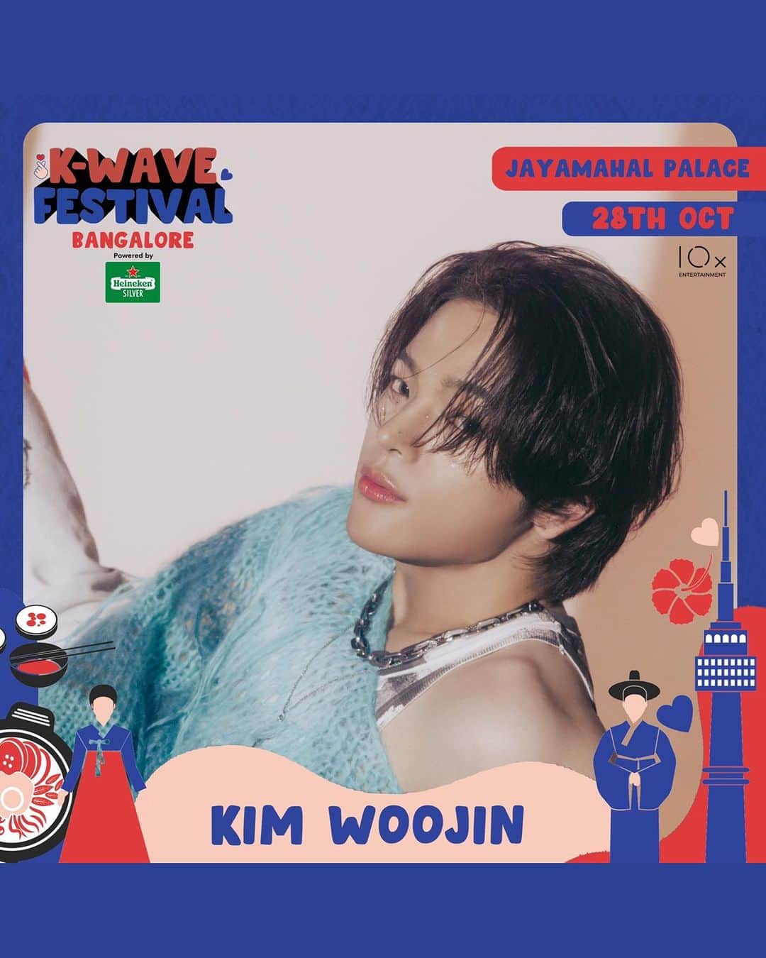 キム・ウジンのインスタグラム：「Hello, Bangalore! I am on my way to @kwavefestindia, a one-of-a-kind open-air celebration of K-pop, delectable Korean cuisine, and vibrant culture on October 28th at Jayamahal Palace. Be sure to grab your tickets at @skillboxofficial and join in the fun!  Powered by @heineken_in  #SilverSquad」