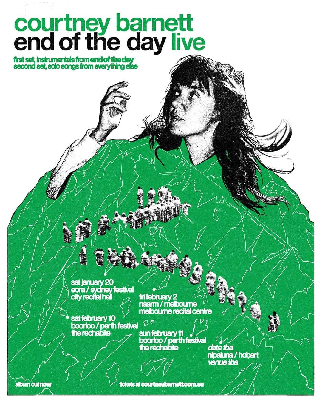 コートニー・バーネットのインスタグラム：「End Of The Day Live in Australia next year! Sydney and Perth tickets on sale now, Melbourne on sale Monday at 11am AEDT. Link in bio to purchase. Hobart TBA 💚💙 First set, instrumentals from End Of The Day with @steezmeez & second set, solo songs.  Poster by @sebi.white  Photo by @poonehghana」