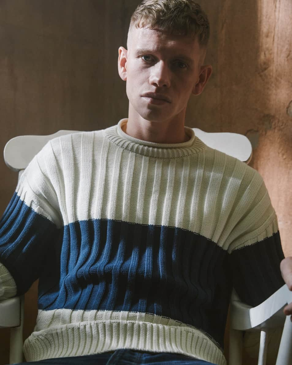 プリティグリーンのインスタグラム：「Our latest knitwear drop features an iconic 90’s inspired stripe jumper made from sustainable cotton, paying homage to the same piece once worn in Oasis’ early days. #prettygreen」