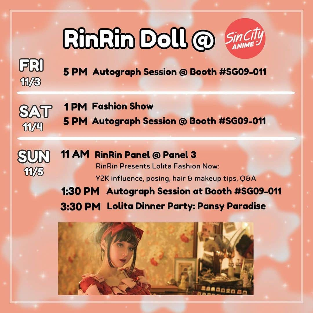 RinRinさんのインスタグラム写真 - (RinRinInstagram)「Hi! So happy to announce I’ll be headed to @officialsincityanime November 3-5th! I’ll be bringing many new goods as well as my handmade accessories @lumirevebyrinrin and my collaboration goods with @apolia00 🌟   You can find me at the schedule on the 2nd photo💜   I’ll also be doing my @rinrinboutique again! This time featuring the latest items from @moimememoitie_official @hoshibakoworks and @meeweedinkee x @land_harajuku 🌟 we have mostly one of each item so be the first to get your hands on your fav styles💜   There will be a free secret PRINT novelty gift with $70 purchase, a free ZINE with $100 purchase, and a free ACRYLIC STAND with $150 purchase of any RinRin goods & RinRin Boutique items💜 (counted per purchase, until supplies last)  also I’ll be doing the Sin City Anime Lolita Dinner Party with @minori00mon and we prepared @minorinrinteaparty goods as well! Tea party tickets are available at @officialsincityanime website🎀  Hope to see you soon!  #rinrindoll #japan #tokyo #harajuku #japanesefashion #tokyofashion #harajukufashion #東京 #コーデ #今日のコーデ #原宿 #ootd  #minorinrin #minorinrinteaparty #shironuri #lolitateaparty #lolitafashionstyle  #egl #eglcommunity #sincityanime #lasvegas」10月27日 15時09分 - rinrindoll