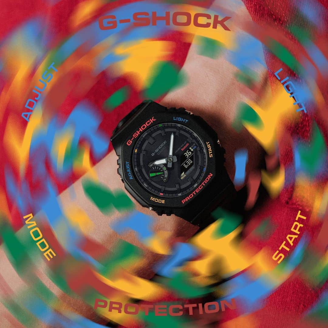 G-SHOCKさんのインスタグラム写真 - (G-SHOCKInstagram)「MULTICOLOR ACCENTS  ワントーンをベースに、ベゼルの文字埋めやインデックスなどのアクセントに原色を用い、落ち着いた中にもにぎやかな表情をプラスしています。  Monotone base colors are decorated with bright primary colors accenting on the bezel inlay sections, dial components, index markings etc. The result is a special treat of minimalist design splashed with a stream of confetti-like color.  GA-B2100FC-1AJF  #g_shock #multicoloraccents #gab2100 #watchoftheday #腕時計 #腕時計魂 #腕時計くら部 #今日の腕時計 #腕時計コーデ」10月27日 17時00分 - gshock_jp
