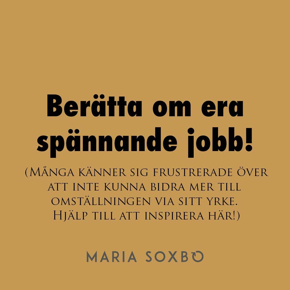 Maria Soxboのインスタグラム：「Vad jobbar du med?  Här och var i alla spännande diskussioner i mitt kommentarsfält brukar några av er berätta om vad ni jobbar med, och vad ni vill dela med er kring omställningen utifrån det. Så spännande, ni har så coola jobb!  Jag märker samtidigt att många är lite frustrerade över att de kanske kommit långt i omställningen privat, men sedan jobbar med något eller på en arbetsplats som inte riktigt bidrar till lösningen – och i värsta fall till och med adderar till problemet.  Vi måste alla försörja oss så klart, och jag har verkligen inte varit en del av lösningen hela min karriär – tvärtom. Jag har skrivit trendrapporter, gett köptips och flugit runt på modeveckor till exempel – snacka om att spä på klimatkrisen … Nu hade jag turen att kunna styra om min karriär, och jag tänker att det kanske är fler som vill göra det?  Därför tänker jag att det vore så fantastiskt om alla ni som jobbar med något spännande som relaterar till klimatfrågan delade med er lite kring vad ni gör? Oavsett om ni är stadsplanerare, spannmålsbonde, hållbarhetschef, lärare eller arbetar på en ÅVC vore det så spännande att höra om era yrkesval och hur ni känner att ni bidrar till lösningen!  Så dela GÄRNA med er, så kan det här kommentarsfältet bli lite inspiration och pepp till den som vill skola om sig eller är precis i början av arbetslivet och ska välja väg. Och så får vi dessutom se en massa exempel på att det tas steg i omställningen varje dag. För vi kan behöva lite pepp just nu, visst?  PS! För mer inspo, googla på ”101 framtidsjobb” så hittar ni en lista som @klimatklubben.se tog fram för några år sen. Där finns yrken som trädekonom, vegocoach, material- och återbruksmäklare och delningsagent bland mycket annat!  #hållbart #hållbarhet #hållbarajobb #omställning #hållbarkarriär #grönajobb #karriär #jobb」