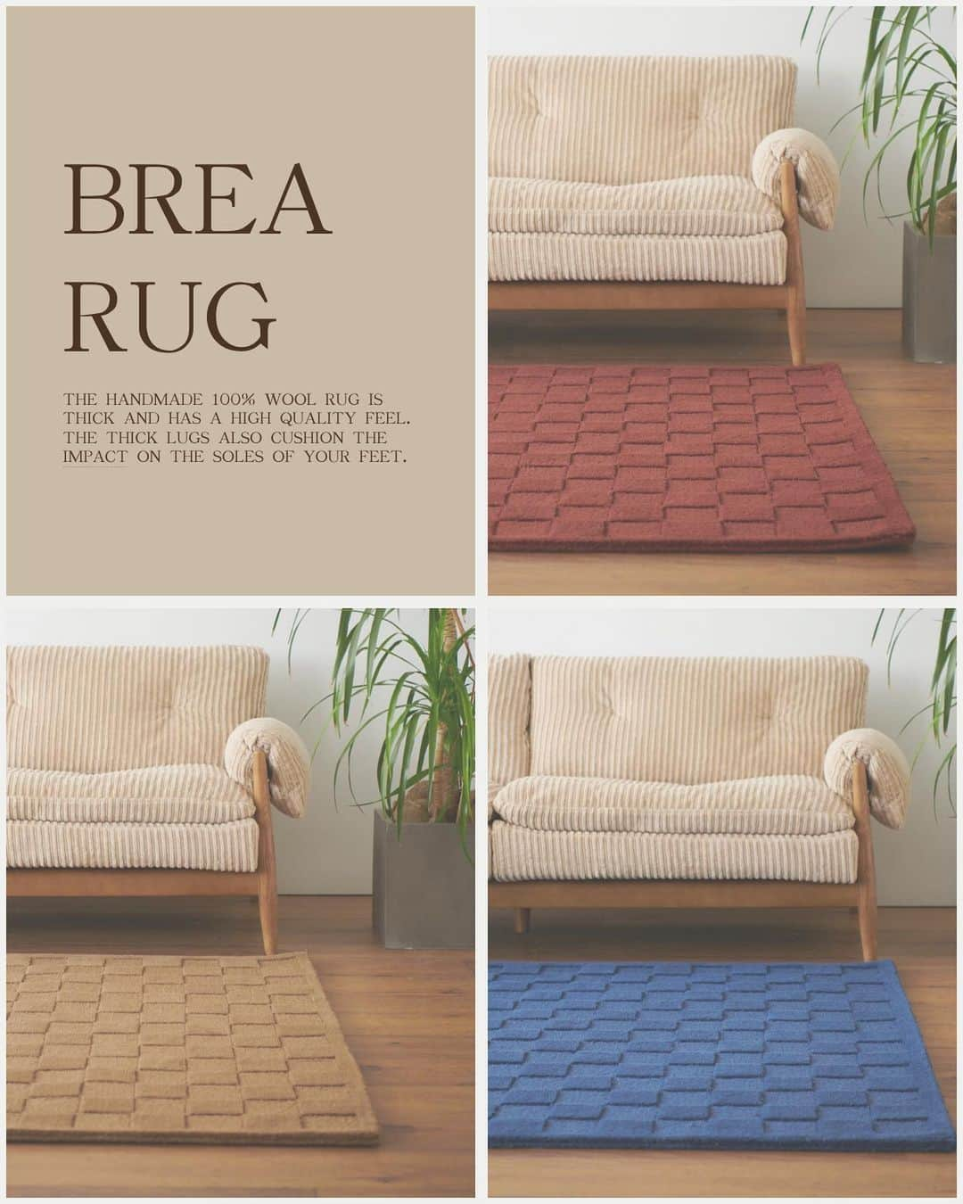 journal standard Furnitureのインスタグラム：「⁡ 【 BREA RUG 】 ⁡ 絨毯のようにどっしりとした安心感あるオーセンティックなデザインが魅力のチェッカーボード柄のラグ。 お部屋の雰囲気をより洗練された雰囲気に変えることができます。 ⁡ 1色の糸を使い、織りの凹凸により立体的に柄を表現。 ワントーンで取り入れやすいデザインながら、お部屋のアクセントにしていただけます。 ⁡ 手作業でつくられたウール100%のラグは、しっかりと厚みがあり、上質さを感じられます。 厚みのあるラグは、足裏の衝撃も緩和してくれます。 ⁡ ウールラグは、時間と共に独特の美しさや味わいが増していくので、経年変化を楽しむことができます。 ⁡ 『ウール＝冬』のイメージがありますが、ウールは≪天然のエアコン≫とも言われ、年間を通して使いやすい素材。 ⁡ 数ある繊維の中でも高い吸湿性をもっていて、蒸し暑い夏は湿気を吸収し蒸れを防止してさらりと爽やかに感じさせてくれます。 ⁡ -— ⁡ MAT 50×70cm ¥11,000 ⁡ RUG 140×200cm  ¥69,300 ⁡ キャメル、ダークレッド、ブルーの3色展開 ブルーはWEB限定カラー ⁡ -— ⁡ #journalstandardfurniture #baycrews #interior #furniture  #interiordesign #rug #rugmat #carpet #brea #brearug #fabric #woolrug #wool #autumn #fall」