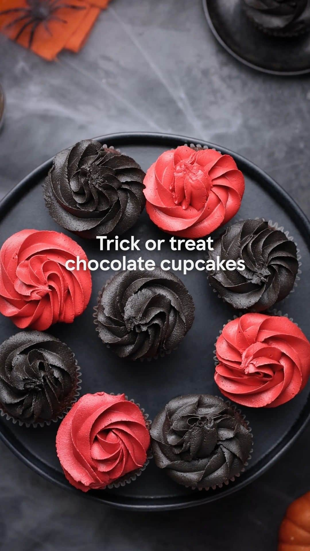 Tesco Food Officialのインスタグラム：「No Halloween party is complete without a game of cupcake roulette 🧁  Half of these cupcakes are filled with a sweet raspberry & custard treat, while the other half are oozing with a Marmite caramel trick. Head to the link in bio for the recipe… if you dare!」