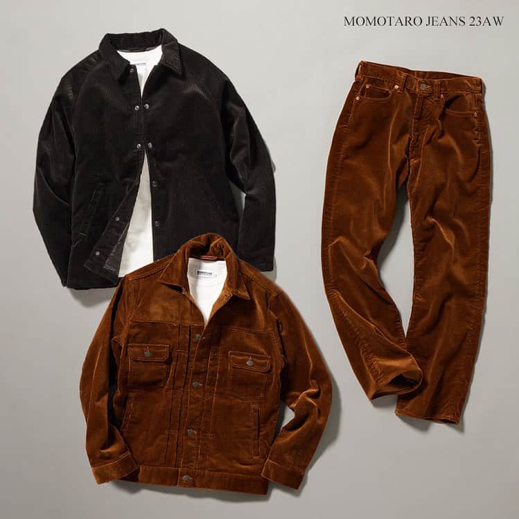 momotarojeansのインスタグラム：「.MOMOTARO JEANS Autumn Winter 2023 Collection  CORDUROY JACKETS & WIDE PANTS  コーディロイジャケット ＆ ワイドパンツ  #momotarojeans #桃太郎ジーンズ #denim #jeans #indigo #indigoflannelshirt #madeinjapan #okayama #kojima #momotarojeansAW23」