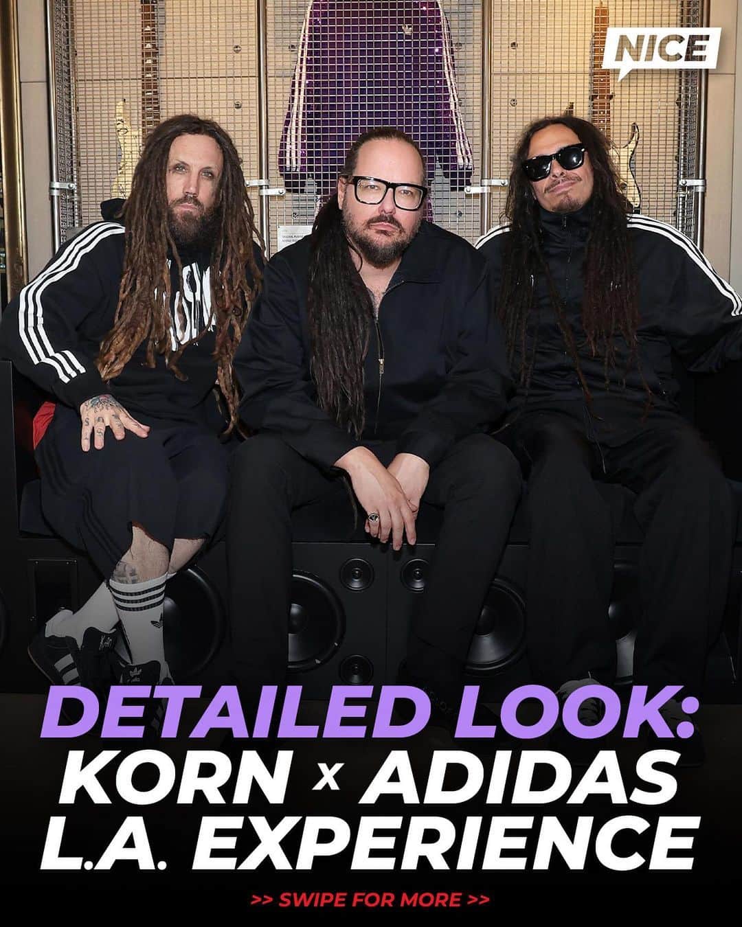 Nice Kicksのインスタグラム：「To celebrate the launch of the first official Korn x adidas collaboration, @adidasoriginals took over the Melrose adidas store in LA to showcase the new collection alongside lead singer Jonathan Davis’ own archival collection of adidas products 🤘🔥  Did you cop any shoes or merch from the collection today?」