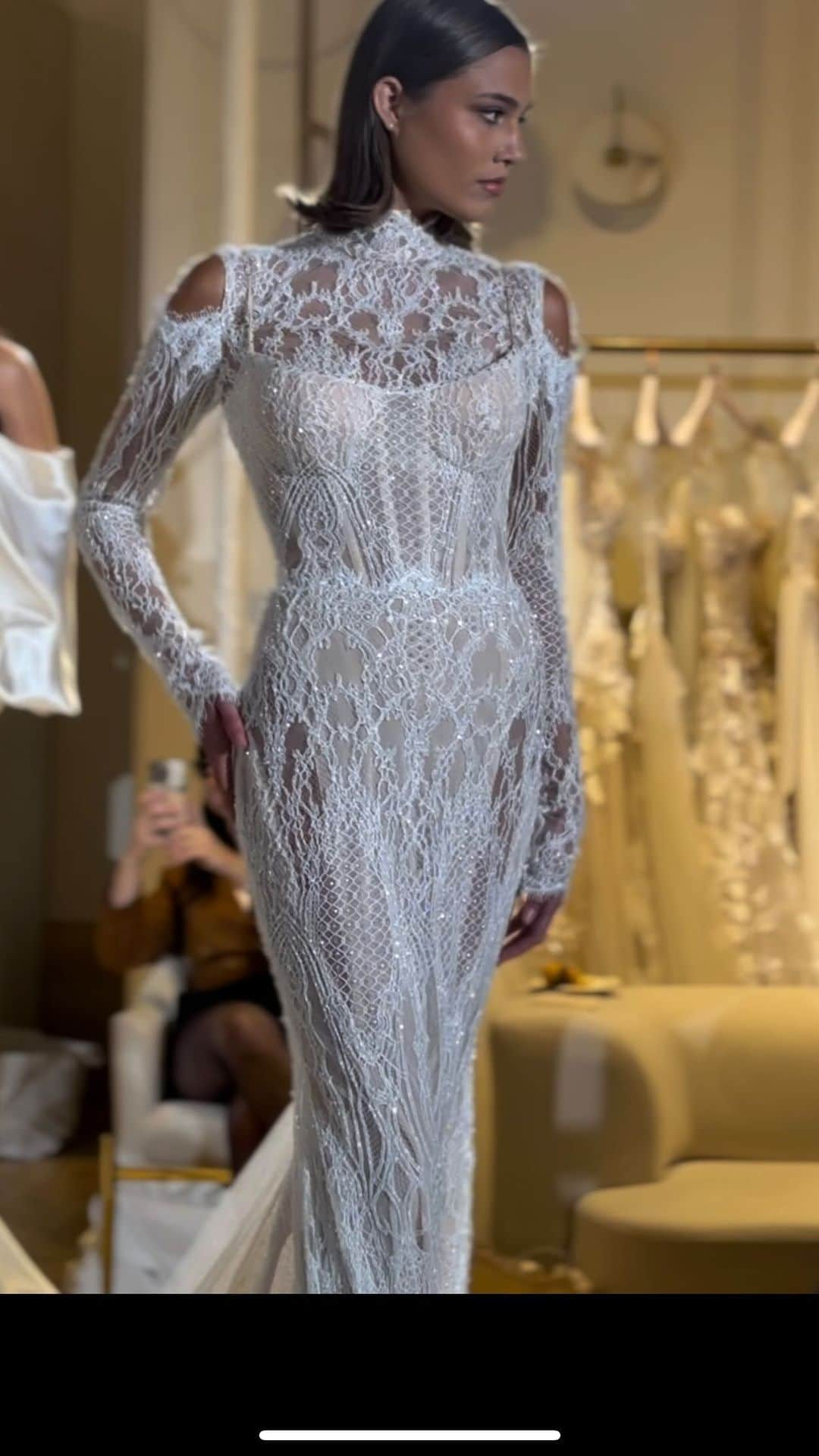 Galia Lahavのインスタグラム：「Haute Couture Dreams Come to Life: Galia Lahav’s #Spring24 Collection Takes Center Stage at NYBFW with ÉLYSÉE | Fitted corsetted mermaid gown featuring a regal high neck, long sleeves, and a majestic tulle skirt✨#GaliaLahavSpring24 #GaliaLahav #」