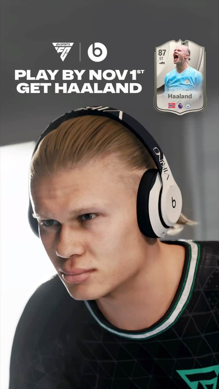 のインスタグラム：「All eyes on The Viking. Play #FC24 by November 1 to become a Founder and get an exclusive Haaland player item in Ultimate Team. – @easportsfc and @beatsbydre are celebrating @erling.haaland as the first EA SPORTS FC cover star. Link in @easportsfc bio to learn more.」