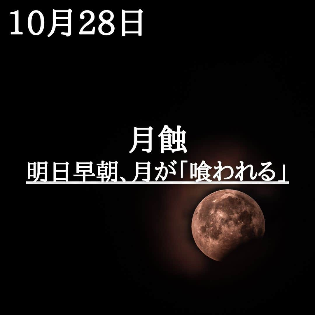 SOLARITAのインスタグラム：「【10月28日の運勢】 明日は満月 そしてこの満月は 地球の影に「食われる」のです そう、月蝕です . . 本日20時44分、月は牡牛座に移動します。そのまま明日の早朝に満月となります。そして満月の瞬間、月の輝きは地球の影によって「食われる」ことになります。そう、月蝕です。半月前の金環日蝕から始まった「蝕の季節」がピークを迎えます。運命に突然のレールチェンジが起こりうる時。 . 占星術的に「蝕」は突然の変化、突然の出来事などを象徴しいます。その予測不能性が「蝕」の特徴となっています。別の世界で走っている「もう一つの運命」が、あなたの日常に差し込まれることもあるかもしれません。 . . #星占い　＃占星術　＃四柱推命 #月蝕」