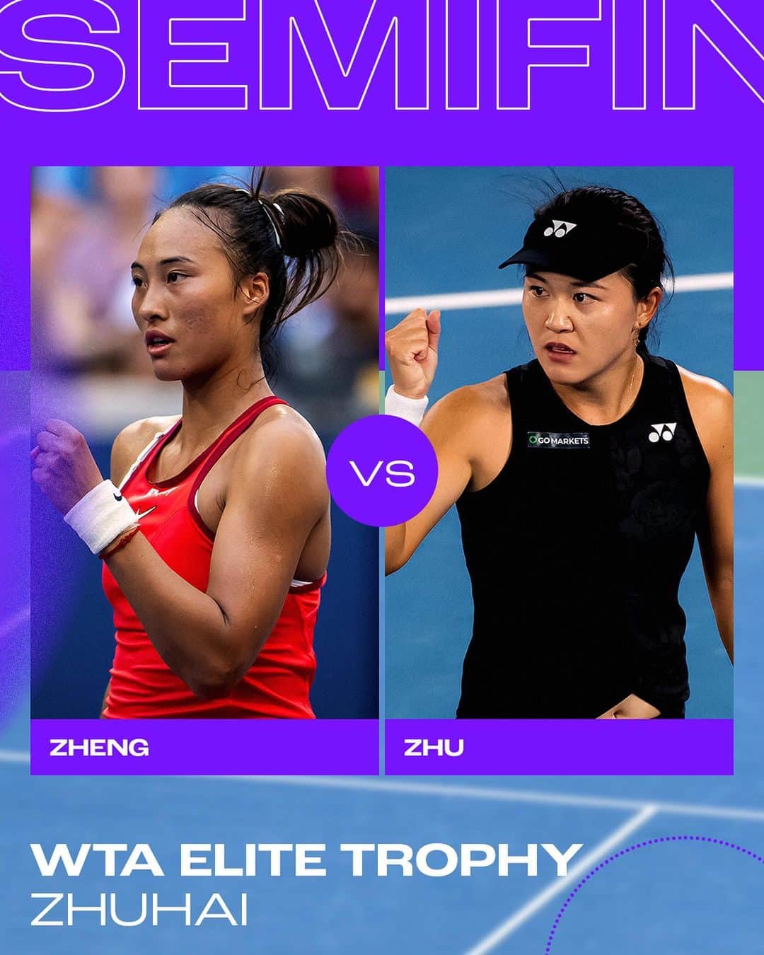 WTA（女子テニス協会）のインスタグラム：「Advancing from the group stage to the semifinals 👉  Zheng 🆚 Zhu Haddad Maia 🆚 Kasatkina   #WTAEliteTrophy」