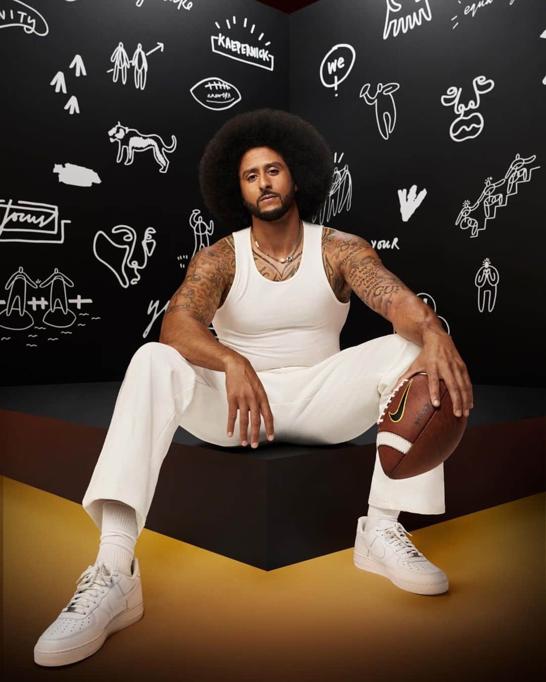 NIKEのインスタグラム：「“I wake up in the morning, and I have a deep conviction and belief in us— and what we can do, and that’s what motivates me to get up and do my part in bringing this to life.” - @kaepernick7  Colin Kaepernick’s belief in our collective strength fuels his dedication to helping to create a fairer future. In his new capsule collection designed by the artist @joyyamusangie, each unique symbol is designed to tell his story of impact, to share his sources of strength, and to inspire you as well. Click the link in our bio to learn more.」