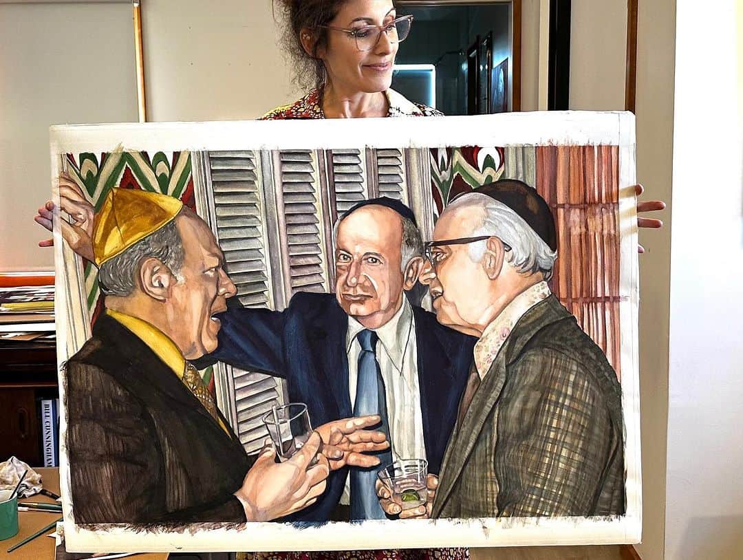 リサ・エデルシュタインのインスタグラム：「Good shabbos my friends. Praying for #peace and the return of the hostages. 🖤 note: this watercolor is my grandfather and his two best friends, continuing the Jewish tradition of arguing with each other. 🖤」