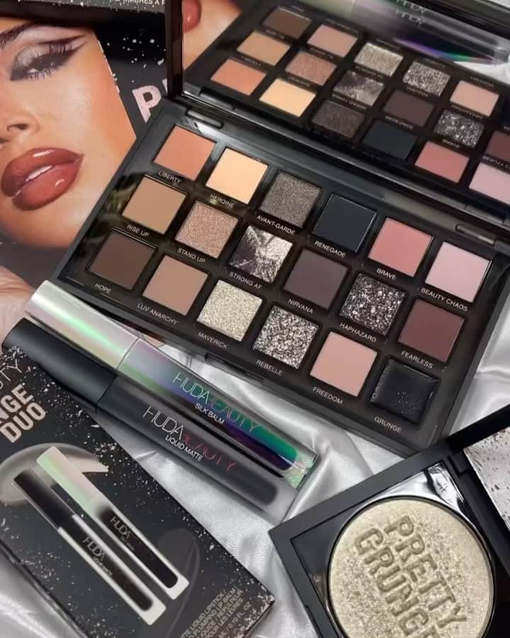 Huda Kattanのインスタグラム：「Repost @thebeautyradar Grunge makeup vibes 💨 New @hudabeauty Pretty Grunge palette and collection - this is the perfect Smokey cool-toned palette (18 shadows) and these shimmers are everything - the collection also features a lip set, (black lipgloss and liquid lipstick) as well as a ph blush ✨ the collection launches Nov. 1 ✨ #hudabeauty #grungemakeup」