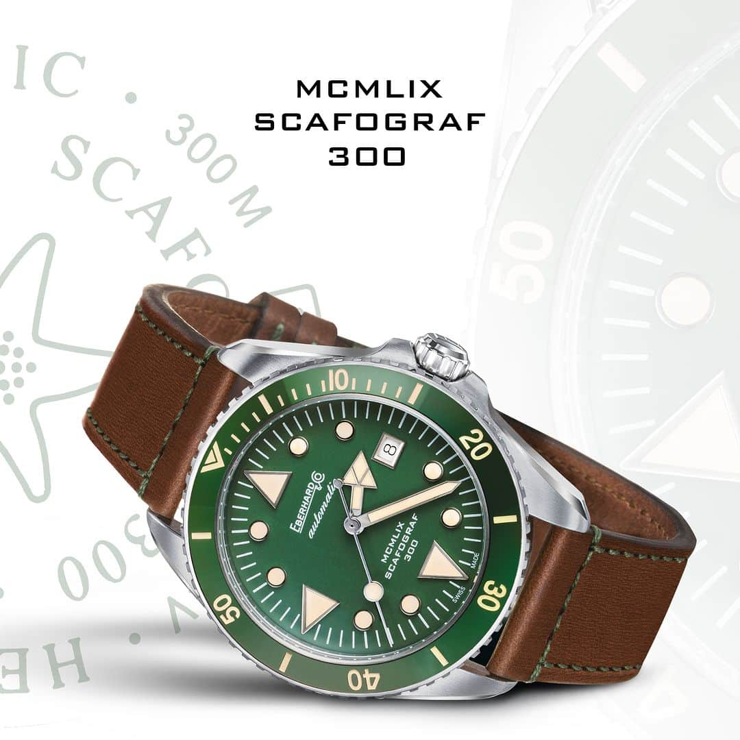 エベラールさんのインスタグラム写真 - (エベラールInstagram)「Green on green. The combination of the dial and bezel in this lively shade gives this professional diver's watch a vintage magnetic look that distinguishes Scafograf 300 MCMLIX from the other collections of the Maison.  #eberhard1887 #eberhard #eberhardwatches #scafograf300 #menwatch #menstyle #swisswatches」10月28日 1時30分 - eberhard_1887