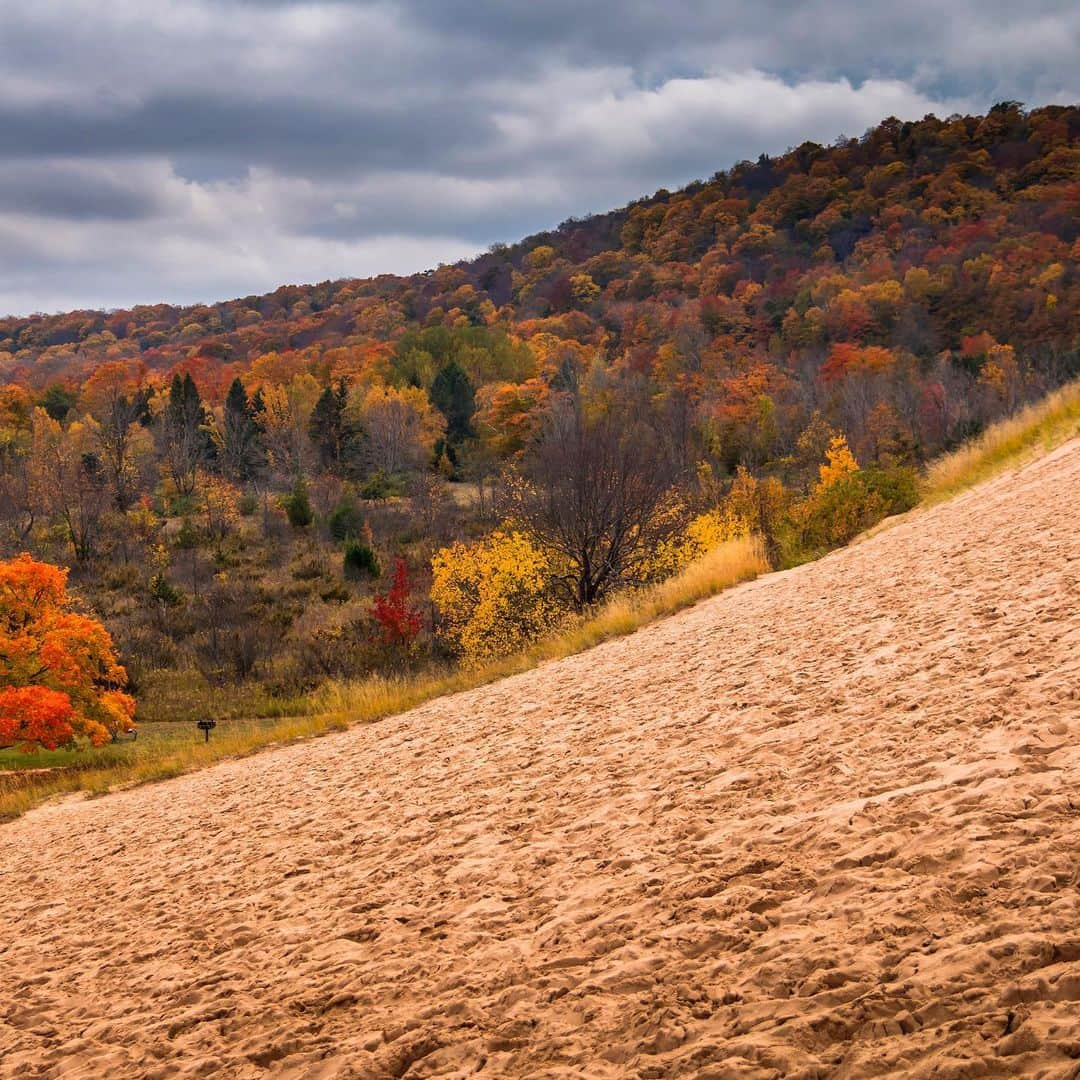 アメリカ内務省さんのインスタグラム写真 - (アメリカ内務省Instagram)「We love the sweeping views of Lake Michigan and the beautiful fall colors that @SleepingBearNPS' sky-high dunes affords during this time of year. The park is diverse, embracing quiet, birch-lined streams, dense beech-maple forests and rugged bluffs towering above Lake Michigan.    So, come make lifelong memories, take a hike, have fun and develop a deep connection to this special place.    Photos by Nathaniel Gonzales    #sleepingbeardunes #michigan #publiclands #lakemichigan #fall   Alt Text:    Photo 1: A forest showing bright fall colors slopes down a hill to a blue lake during a partly cloudy day.    Photo 2: Mixed terrain of towering sand dunes and vibrant autumn foliage.」10月28日 1時40分 - usinterior