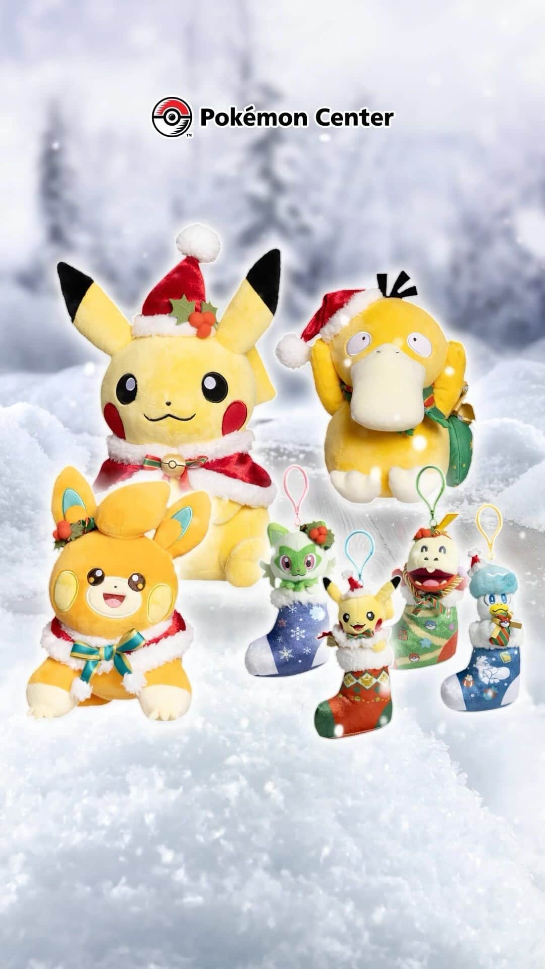 Pokémonのインスタグラム：「New festive friends have arrived at Pokémon Center! Find Pikachu, Psyduck, Pawmi, and more as adorable Pokémon Holiday Plush ❄️☃️  Which plush are you cuddling up to this holiday season?  Shop holiday plush at link in bio.」