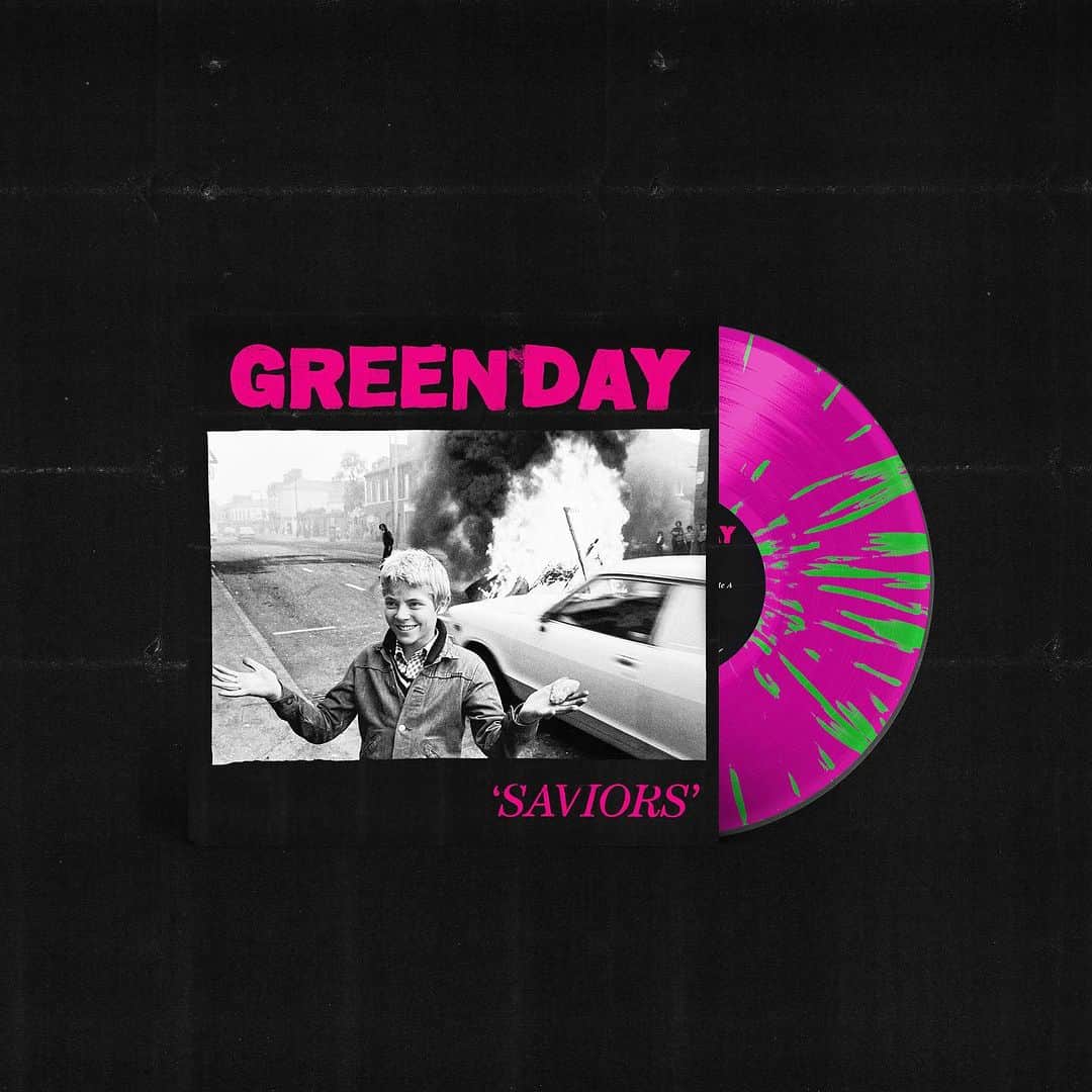Green Dayのインスタグラム：「Let's roll 😎 You SOLD OUT the Clear with Hot Pink Saviors Vinyl in the webstore, so we just added Neon Pink with Neon Green Splatter (limited to 4,800 copies worldwide), now go get it before it's gone too!!  Just gonna leave the rest of what we have available for pre-order right here 😉 grab those Saviors bundles while ya can. Album out January 19th!!」