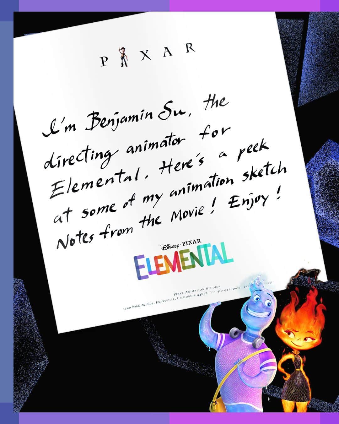 Disney Pixarのインスタグラム：「Holy dew drop!  Here's a peek at how Elemental animator Benjamin Su left drawover notes to make sure the characters were looking their best in the final film! ✨  @bensuart #InternationalAnimationDay」