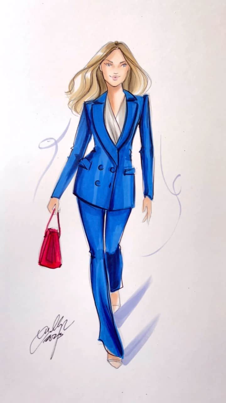 Holly Nicholsのインスタグラム：「Powersuit Friday 💙 inspired by the fashion in Pain Hustlers, now streaming exclusively on @Netflix. Who’s watching this weekend? #NetflixPartner #fashionillustration #asmr #copic #copicmarkers #illustration」