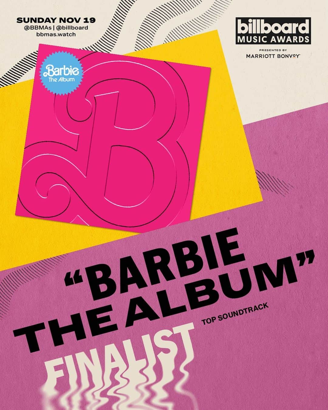 バービーのインスタグラム：「@BarbieTheAlbum is officially a #BBMAs finalist 💖 Tune in Sunday, Nov. 19 to see what takes home ‘Top Soundtrack’ via @bbmas, @billboard, and bbmas.watch!」