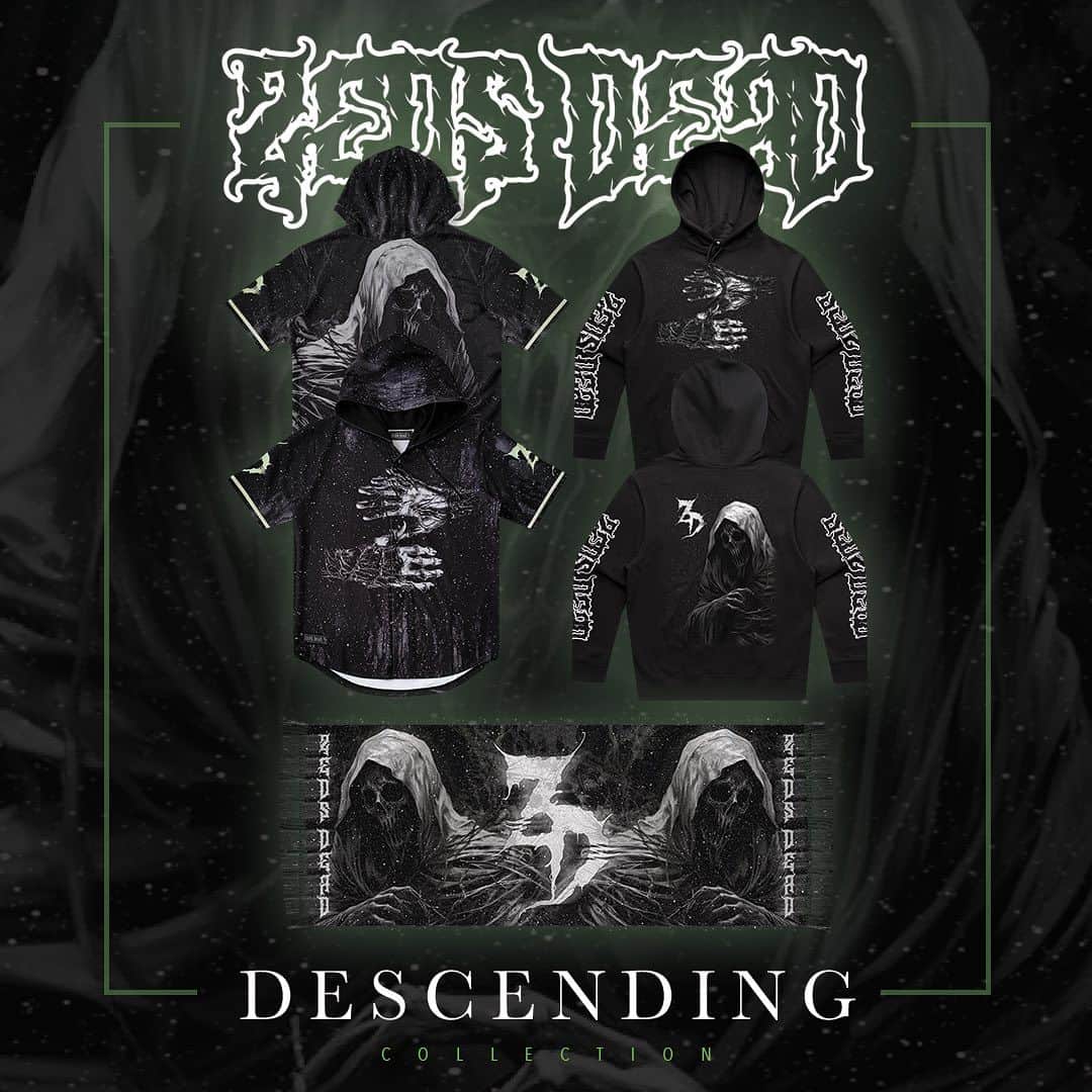 Zeds Deadのインスタグラム：「DESCENDING COLLECTION AVAILABLE NOW! New jerseys, hoodies and pashminas added to our merch store for all your spooky festivities 🧟‍♂️🕸️🧟  LINK IN BIO OR HEAD TO SHOP.ZEDSDEAD.NET」