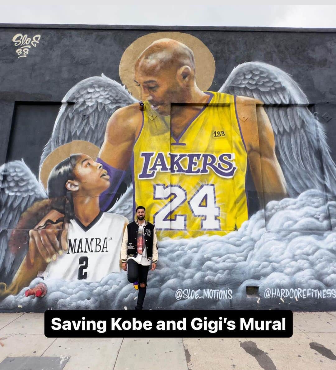 のインスタグラム：「We’re not saying goodbye to Kobe & Gigi’s mural. This beloved mural is a powerful symbol for basketball fans, Lakers fans, and the community of LA.  Thank you to the 90K petitioners and everyone at 2K for helping us save this amazing piece of art from getting removed. We felt a moral responsibility to jump in and make a difference; not words but actions!  8 ♾️ 24」